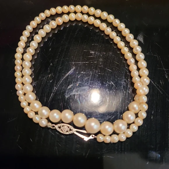 10kt White Gold Graduated Pearl Necklace 17" Vintage - Picture 3 of 14